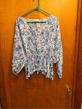 Floral Blue & White Peasant Blouse - Lightweight Women's Top